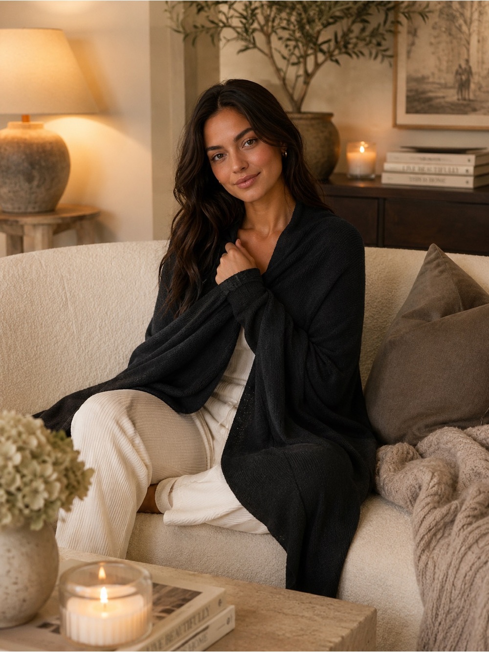 Forte Cashmere Black Open Front Cardigan Wrap Shawl One Size